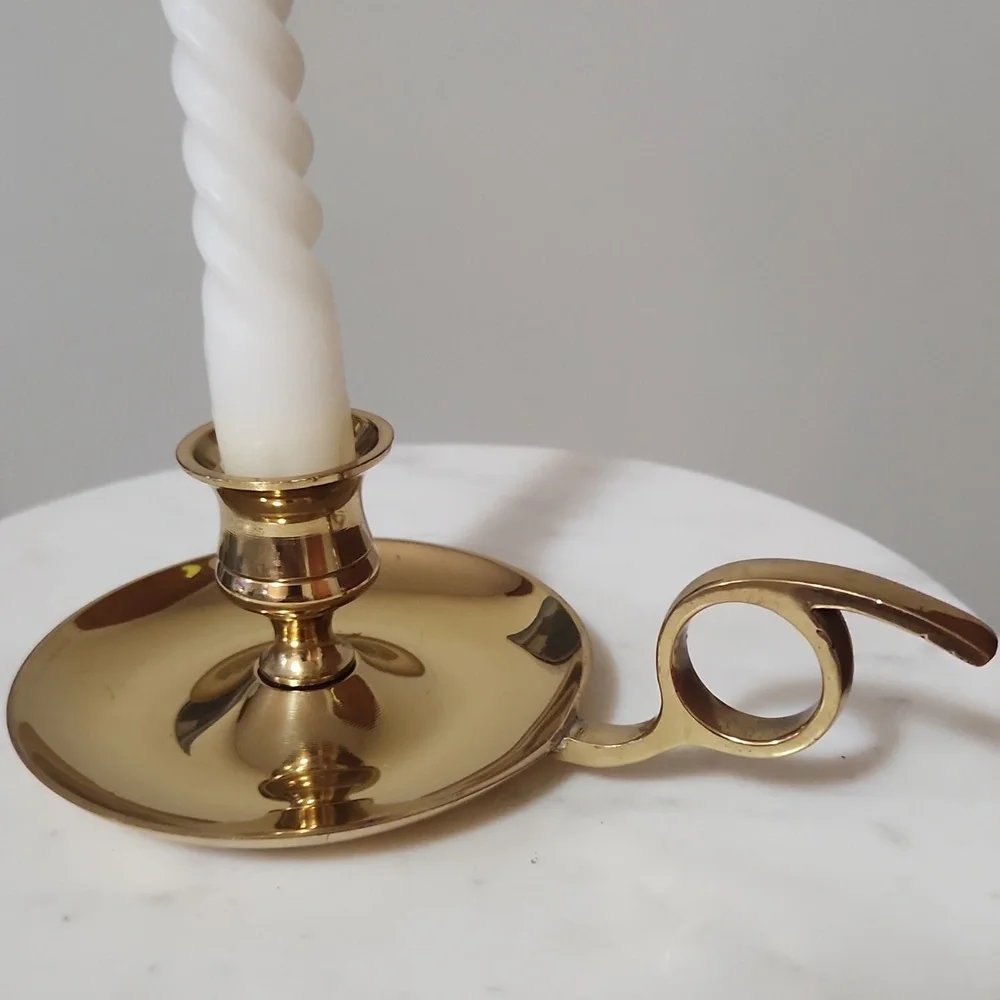 Vintage Elegant Golden Brass Vase and Candlestick Holder With Handle Set